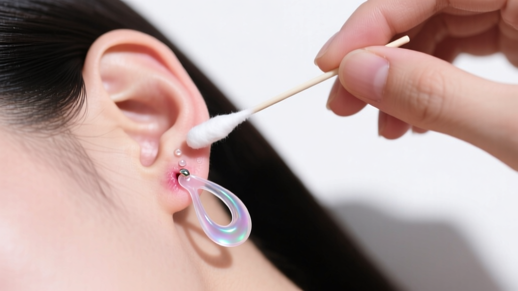 Overhead view of someone using a sterile cotton swab to apply saline to a clear bioplast earring in a freshly pierced earlobe.