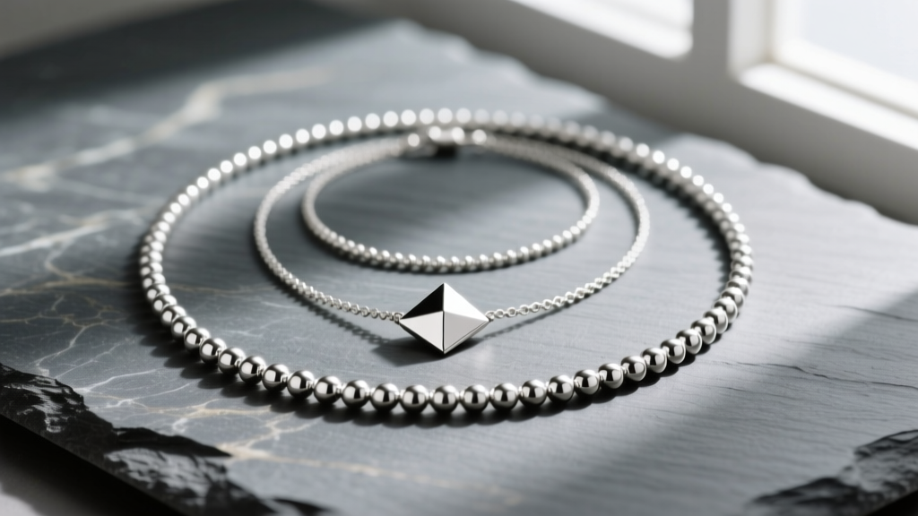 Flat lay of layered silver ball necklaces in 1.5mm, 2.5mm and 4.0mm widths on textured slate, showing a small geometric pendant.