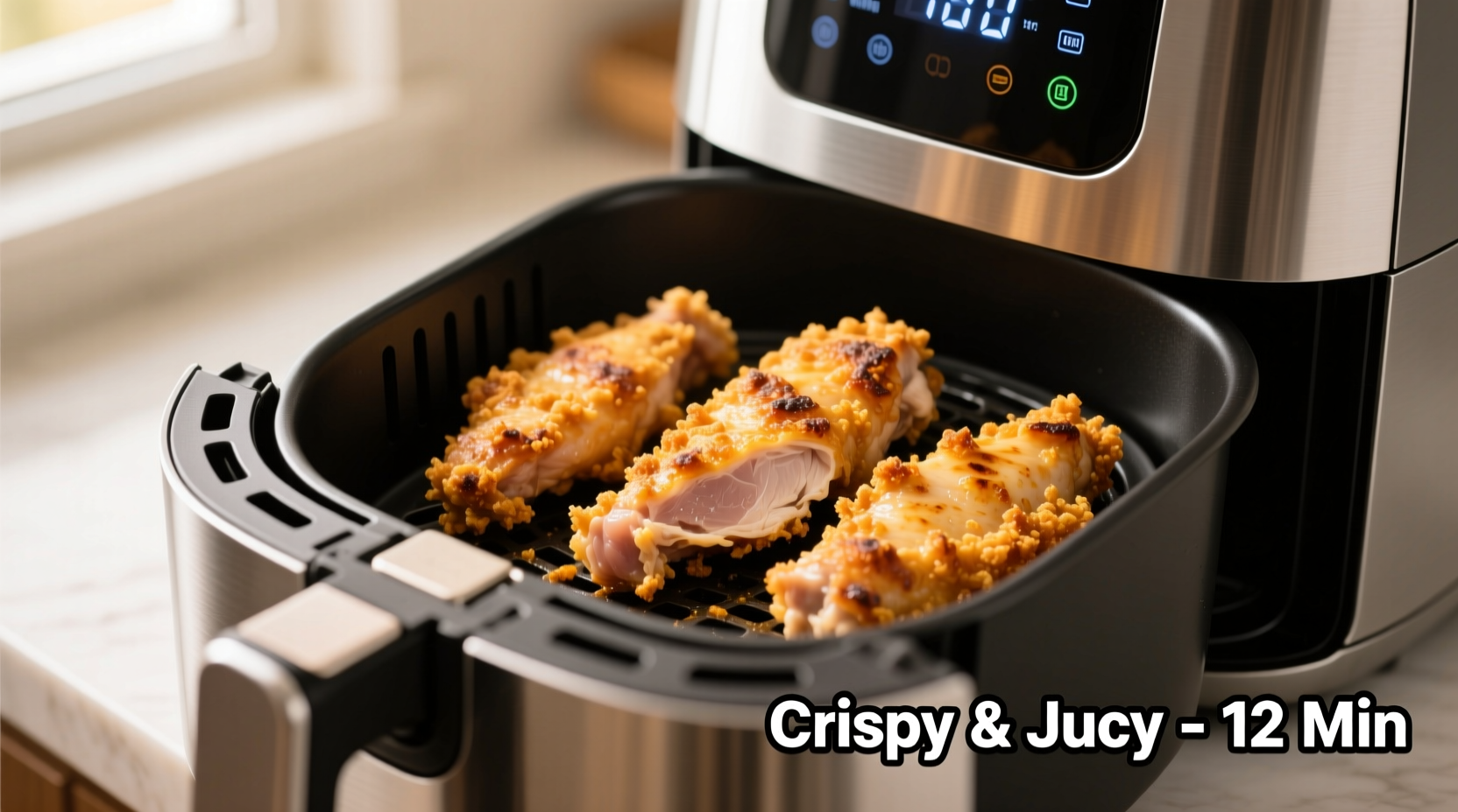 golden brown chicken tenderloins in air fryer basket