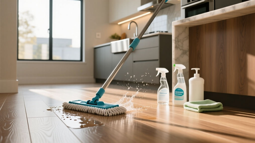 Microfiber mop cleaning luxury vinyl plank flooring in a sunlit modern kitchen, with pH-neutral cleaning supplies nearby