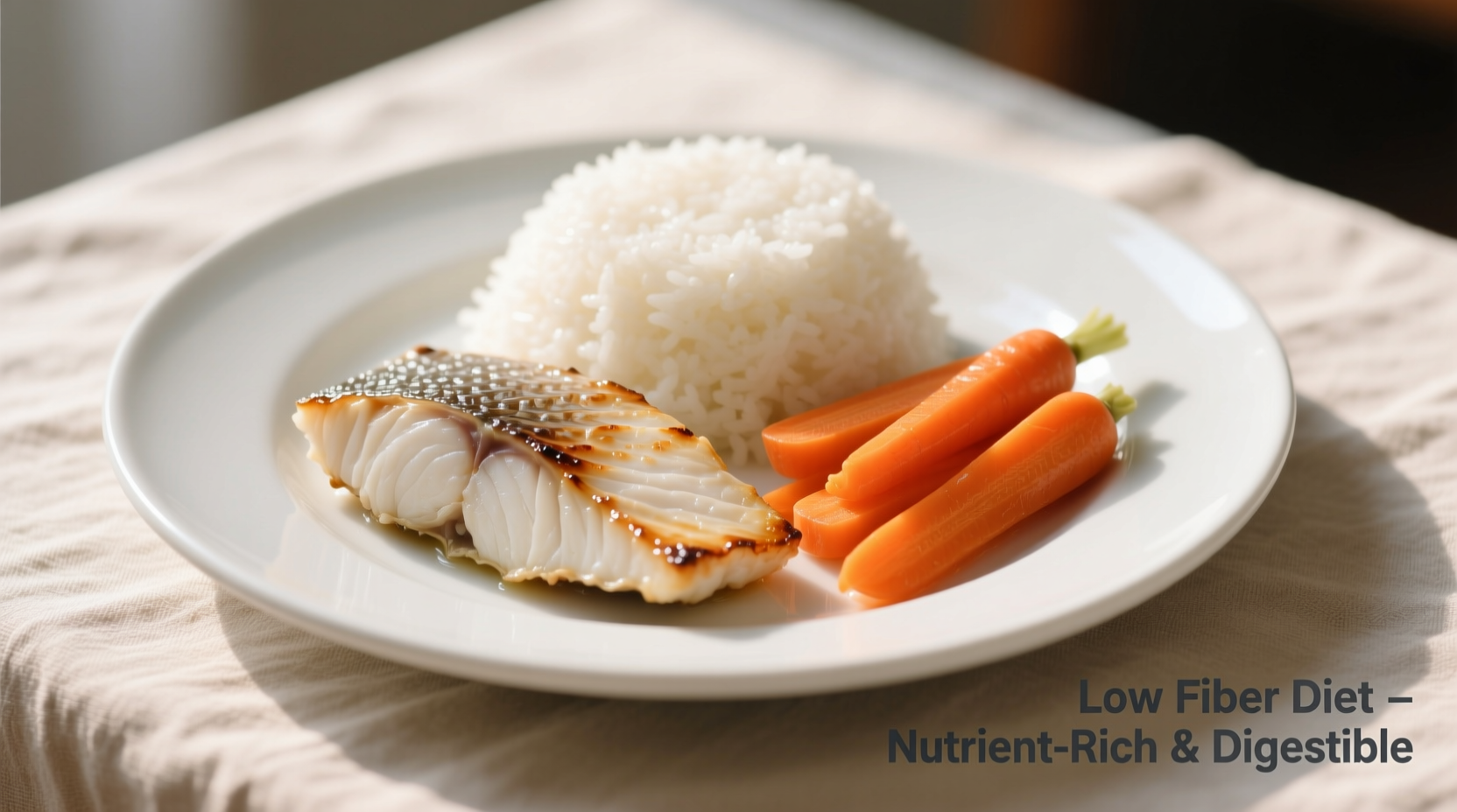 Low fiber food plate with white rice, fish, and cooked carrots