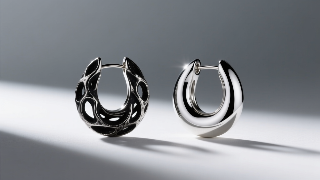 Comparison of oxidized sterling silver and rhodium-plated earrings, showing dark patina in the intricate metalwork crevices