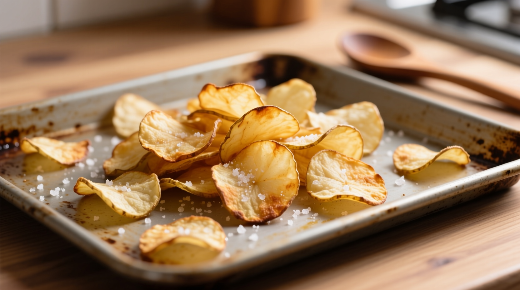 Homemade oven-baked potato chips on baking sheet