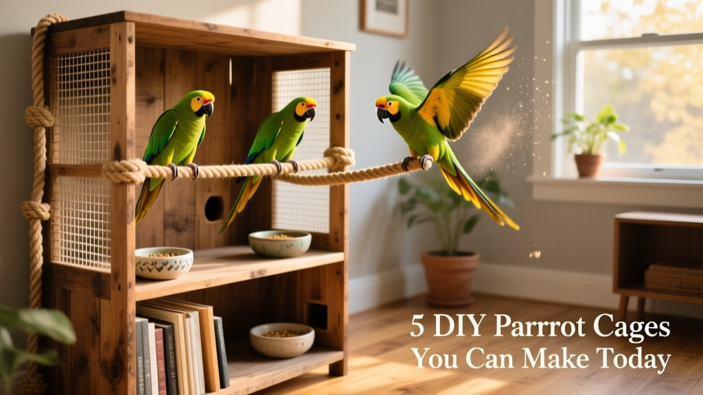 A transformed wooden bookshelf converted into an open-top parrot habitat with mesh sides, climbing ropes, and feeding stations