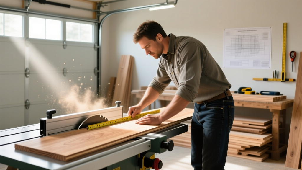Carpenter measuring and cutting 3/4-inch oak plywood on a table saw in a bright garage workshop to build a custom living room bookcase