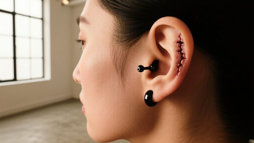Side profile of healed ear showing black PVD microdermal anchor near tragus, catching soft natural window light in modern studio