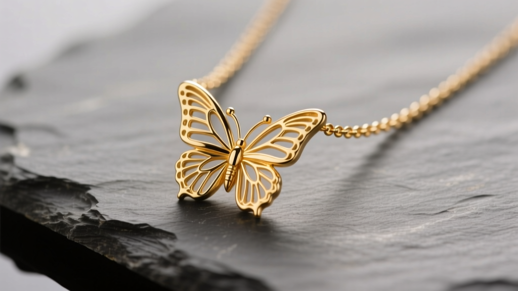 Close-up of a 14k gold tiny butterfly necklace on slate, displaying wing details and a 0.9mm chain under warm studio lighting.