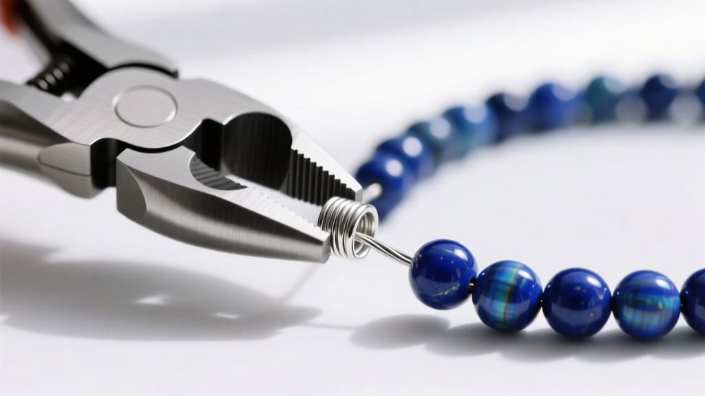 Close-up of crimping pliers folding a 2x2mm sterling silver crimp tube over steel wire to secure a clasp on a lapis beaded necklace