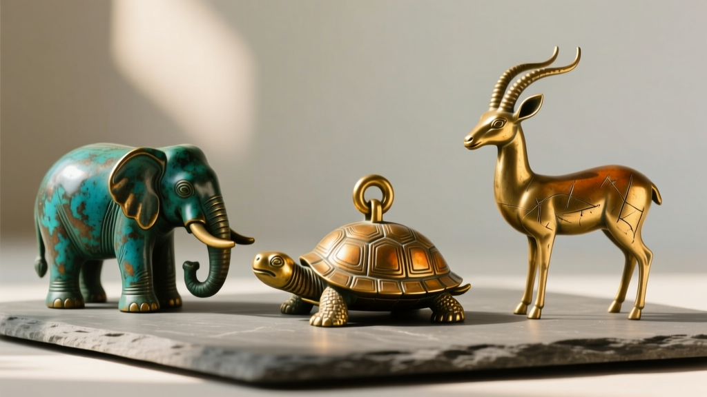 Vintage Ashanti brass goldweights shaped like animals, showing varied natural patina and wear from traditional lost-wax casting