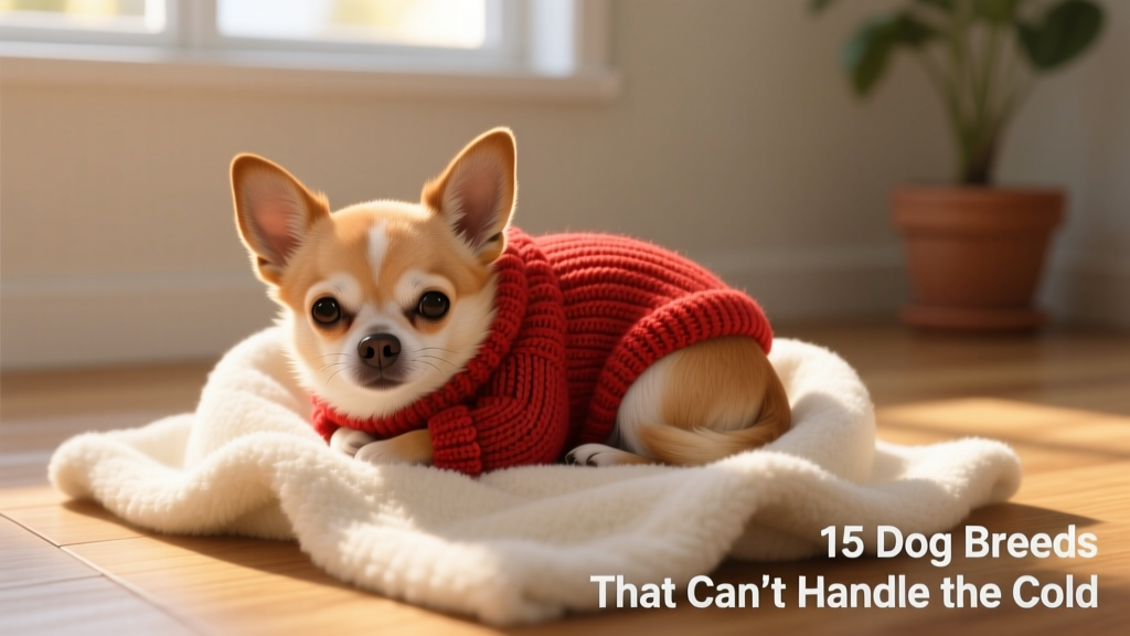 A small Chihuahua wearing a red cable-knit sweater, curled up on a soft blanket indoors