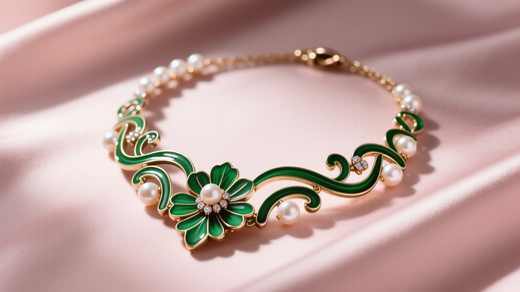Art Nouveau Krementz necklace with green vitreous enamel and seed pearls, resting on a soft blush silk fabric background.