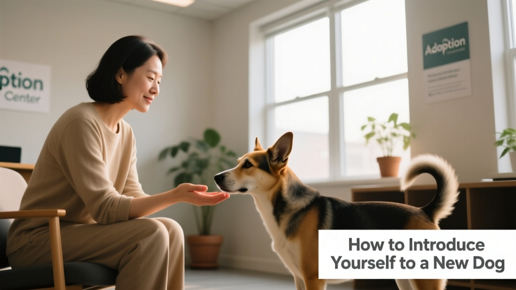 A calm, seated person gently offering an open hand to a curious shelter dog in a quiet meeting room