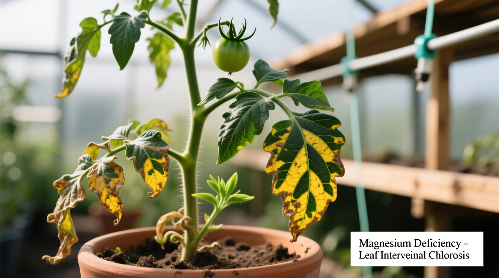Tomato plant showing magnesium deficiency symptoms