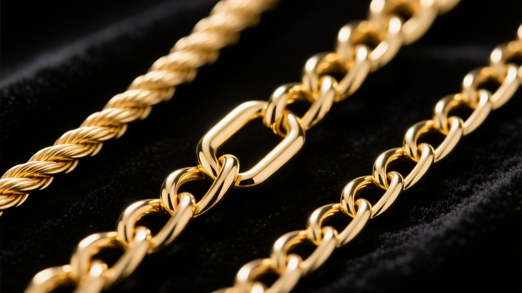 Macro shot of three gold chain weaves on black velvet: cable, rope, and box chains, highlighting surface textures and links.
