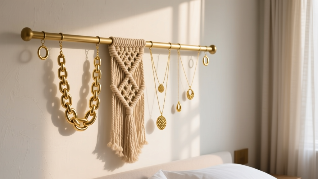 A lit bedroom wall featuring a custom brass rod and macrame wall jewelry organizer displaying heavy gold necklaces and small hoops