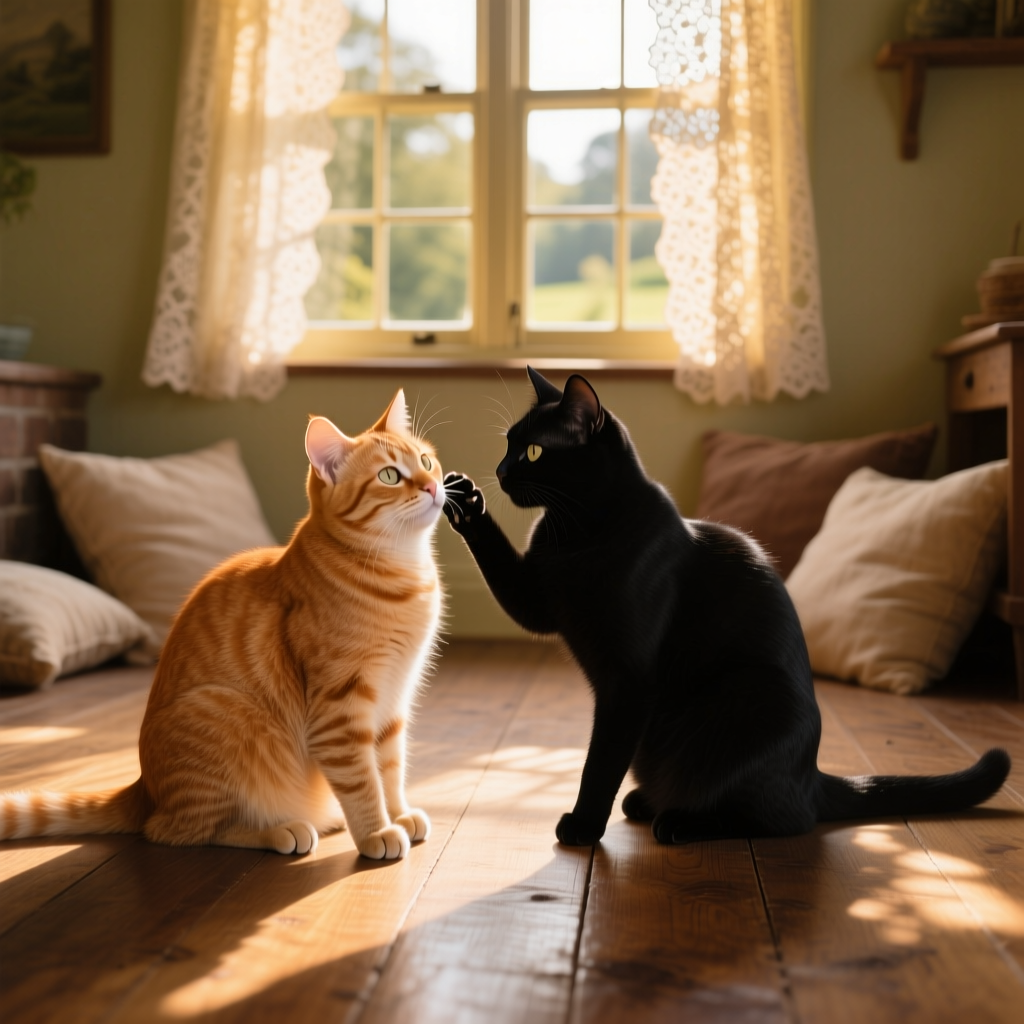 Two cats interacting peacefully