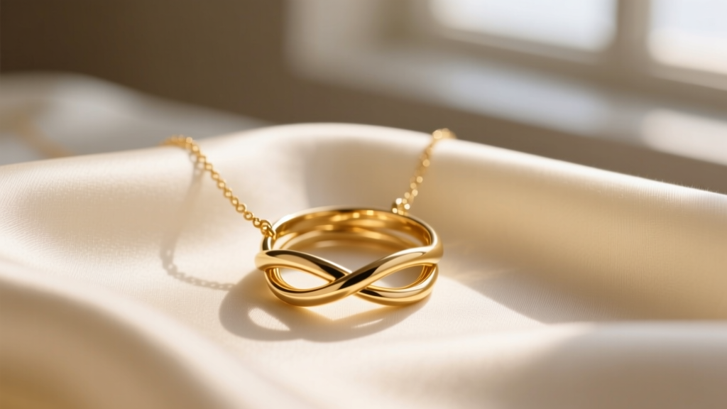 Close-up of a delicate 14k solid gold intertwined rings pendant necklace resting on cream silk fabric in warm natural lighting