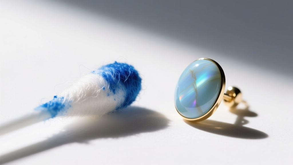 Macro shot of a cotton swab with blue dye residue beside a pale dyed lapis earring, illuminated by bright daylight.