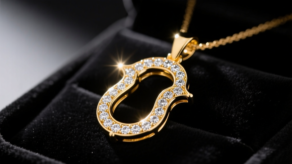 Close-up of a 14k yellow gold diamond hamsa necklace on dark velvet, soft studio lighting highlighting the micro-pave stones.
