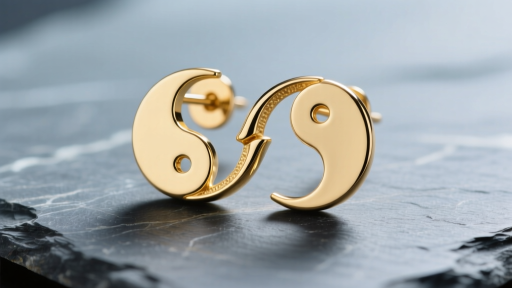 Close-up of 18k gold yin and yang puzzle earrings on slate, showing the S-curve seam and seamless interlocking joint detail.