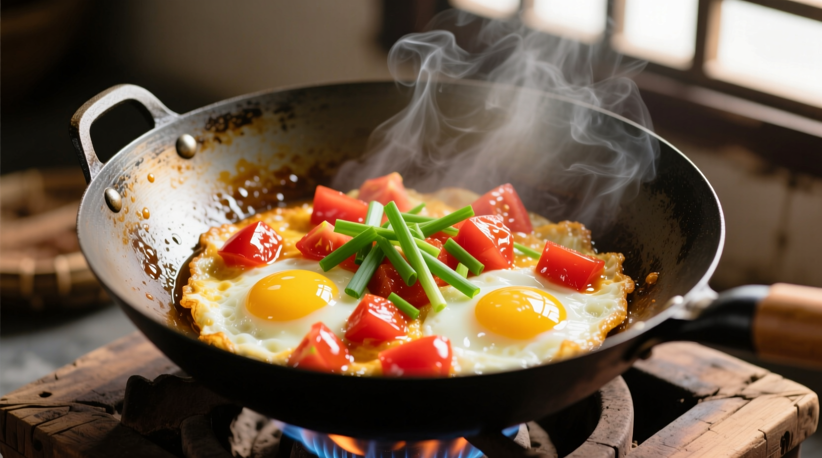 Perfectly cooked tomato fried eggs in wok