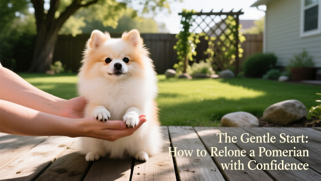 Two hands gently holding a Pomeranian’s paws during a calm, supervised meet-and-greet in a quiet backyard