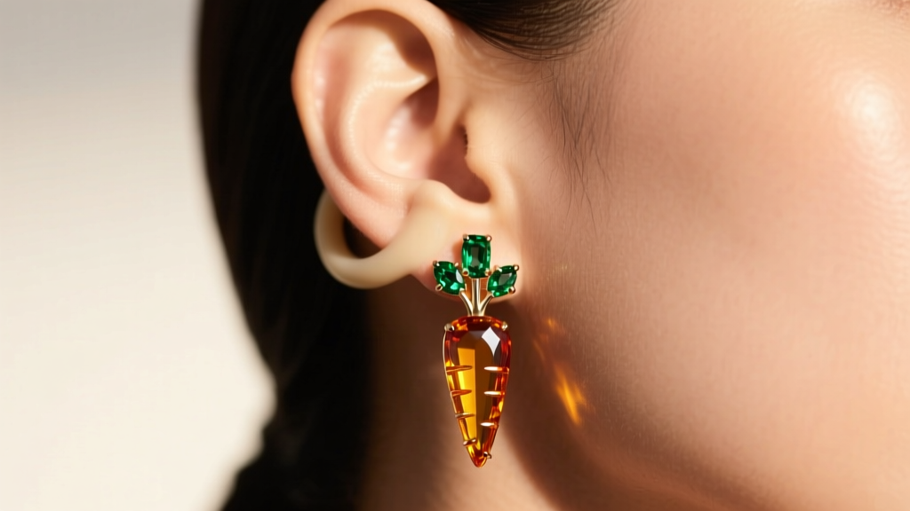 Earlobe wearing a heavy gemstone carrot earring, secured with a wide silicone back to prevent stretching, bathed in soft warm light.