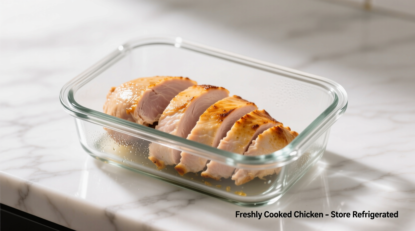 Properly stored cooked chicken in glass container