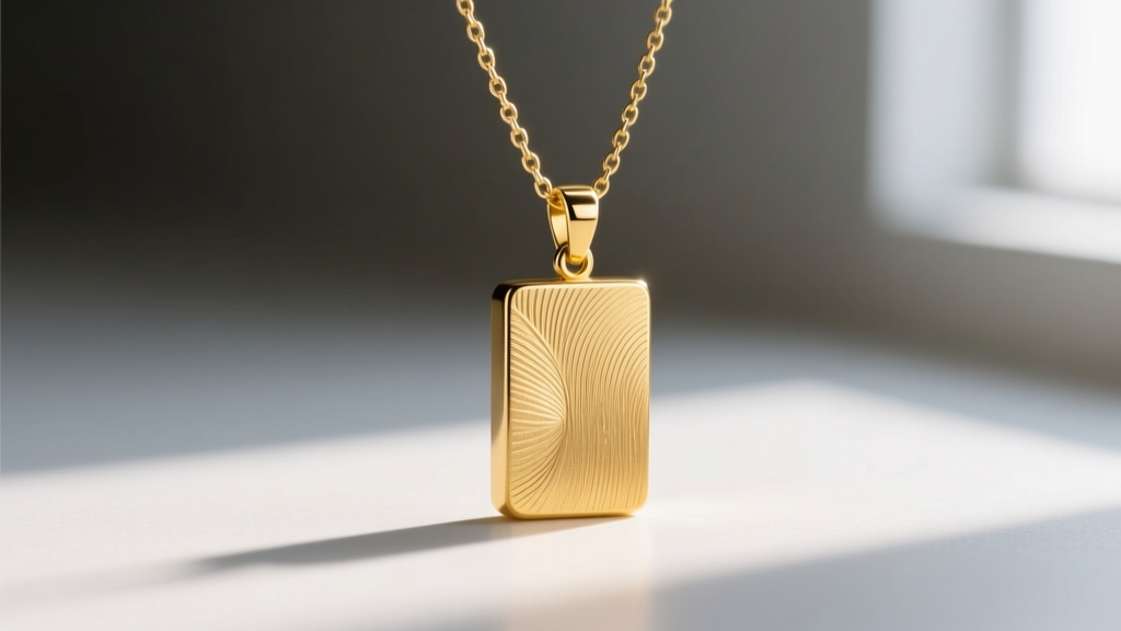 Macro photography of a brushed 18k yellow gold rectangle pendant measuring 20x8mm, hanging on a delicate 0.9mm box chain.
