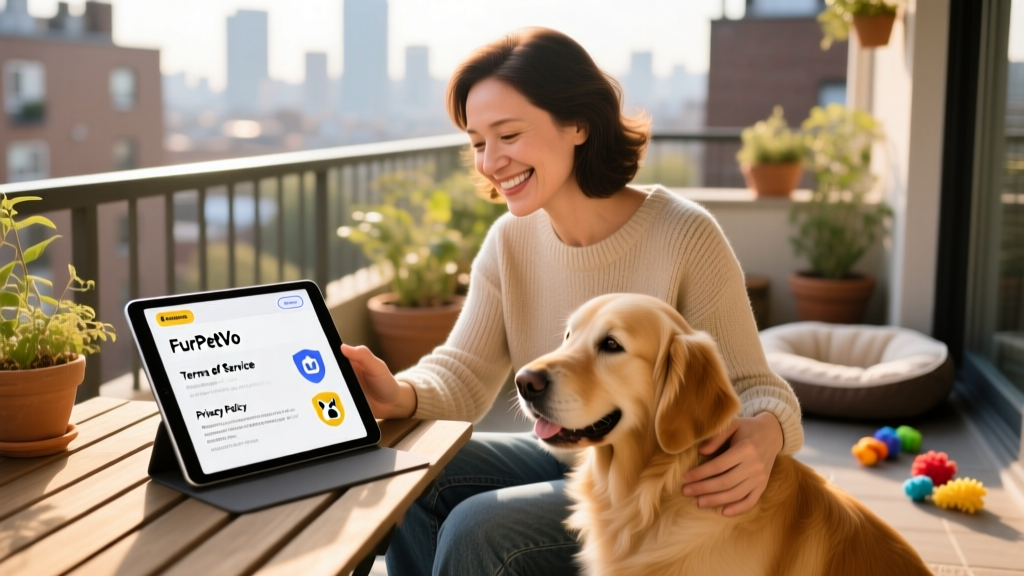 Illustration of a friendly pet owner browsing FurPetVo on a tablet
