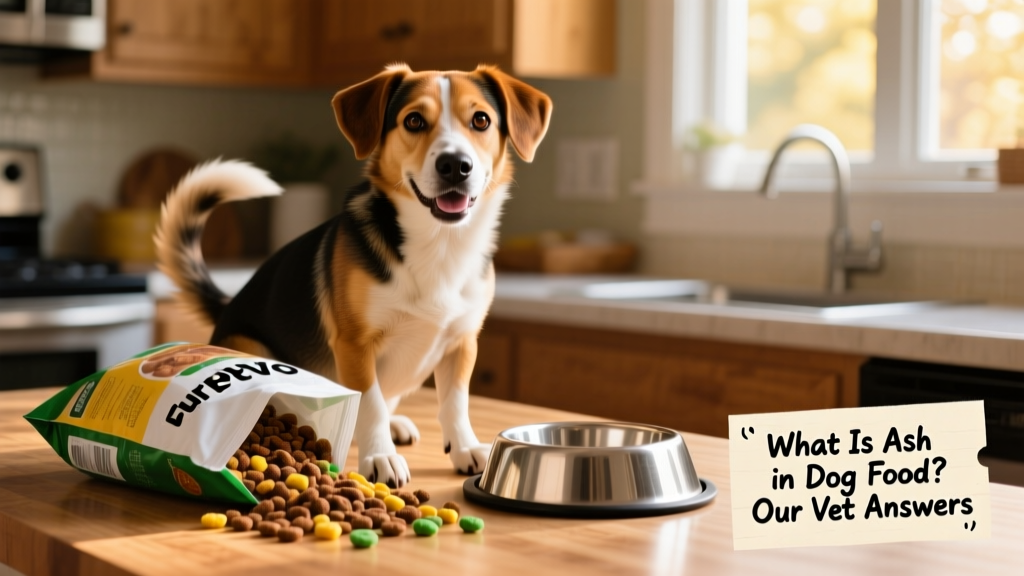 Happy mixed-breed dog sitting beside an open FurPetVo food bag with visible kibble and a clean stainless-steel bowl
