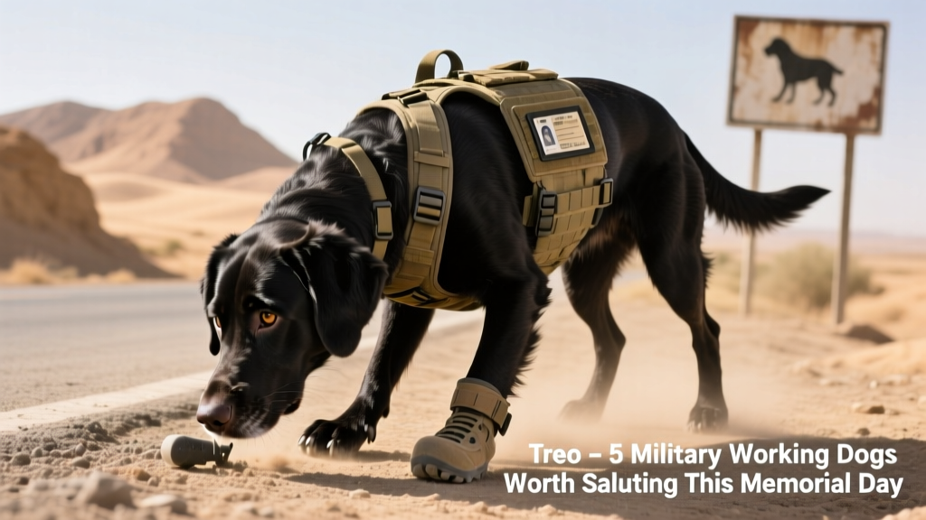 Treo, a black Labrador-English Springer Spaniel mix, wearing tactical gear and sniffing near a roadside in Afghanistan