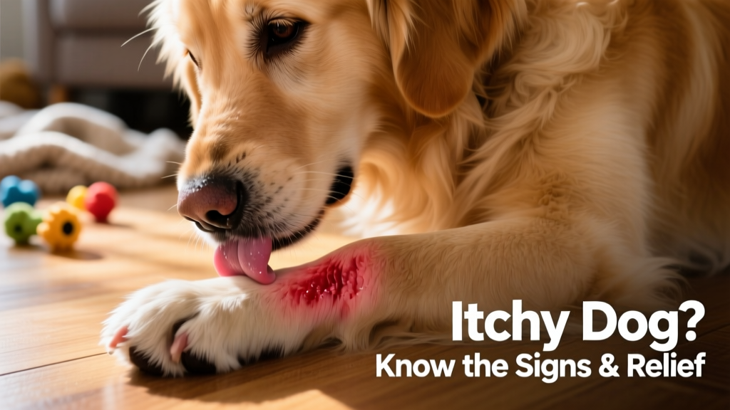 Close-up of a dog gently licking its paw, with visible redness around the wrist joint
