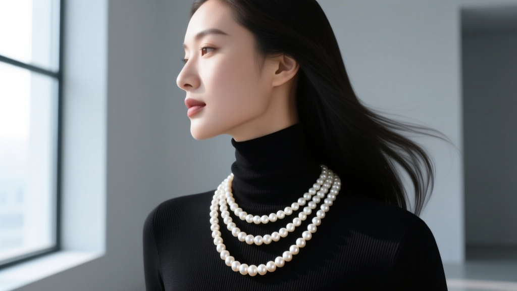 Side profile of a woman wearing a 32-inch opera-length freshwater pearl necklace doubled over a black turtleneck, showing elegance