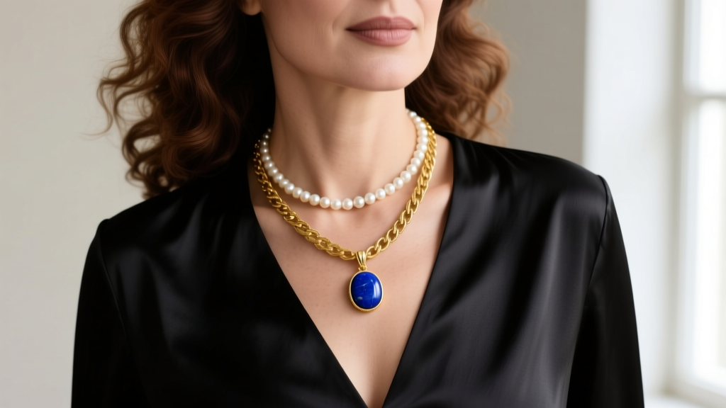 Woman layering a 14k gold lapis pendant necklace with a pearl choker and textured chain, styled over a black silk V-neck blouse.