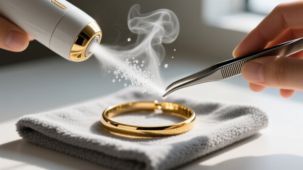 Handheld steam jewelry cleaner emitting a vapor jet onto a gold bracelet held by tweezers over a gray microfiber cloth, close up