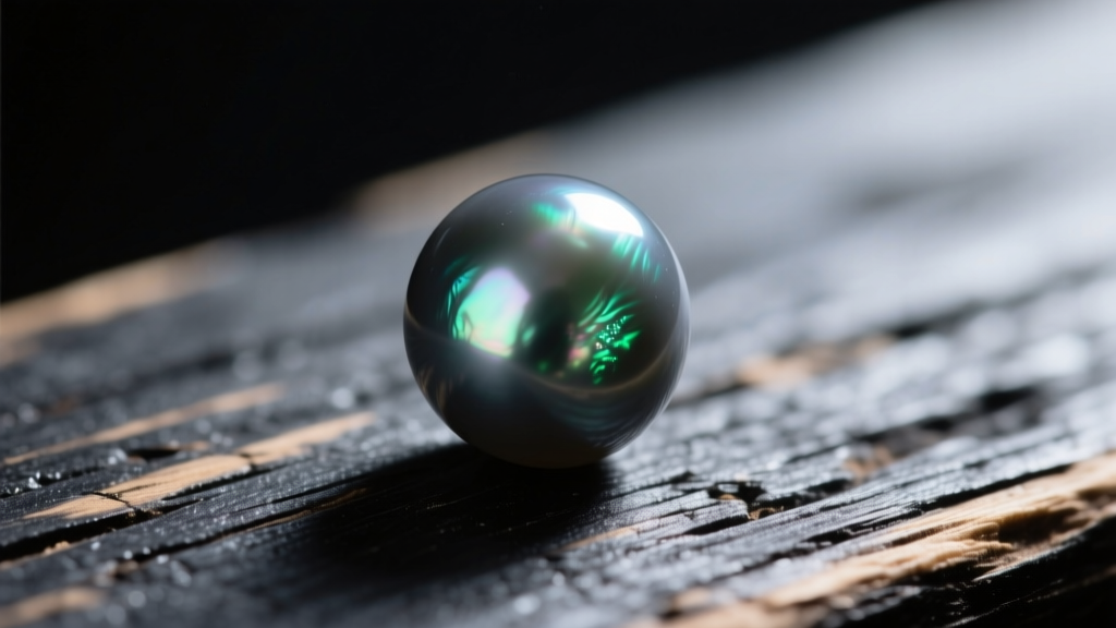 Macro close-up of a dark grey baroque freshwater pearl with peacock green overtones resting on a distressed black wood surface.