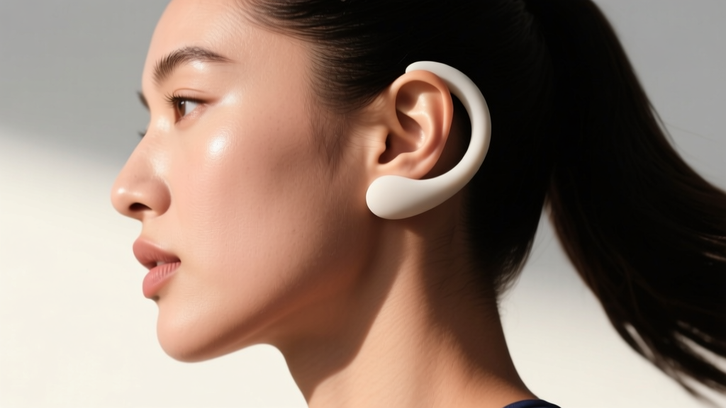 Side view of a player wearing a flush silicone volleyball earring, showing the smooth flat back resting on the earlobe.