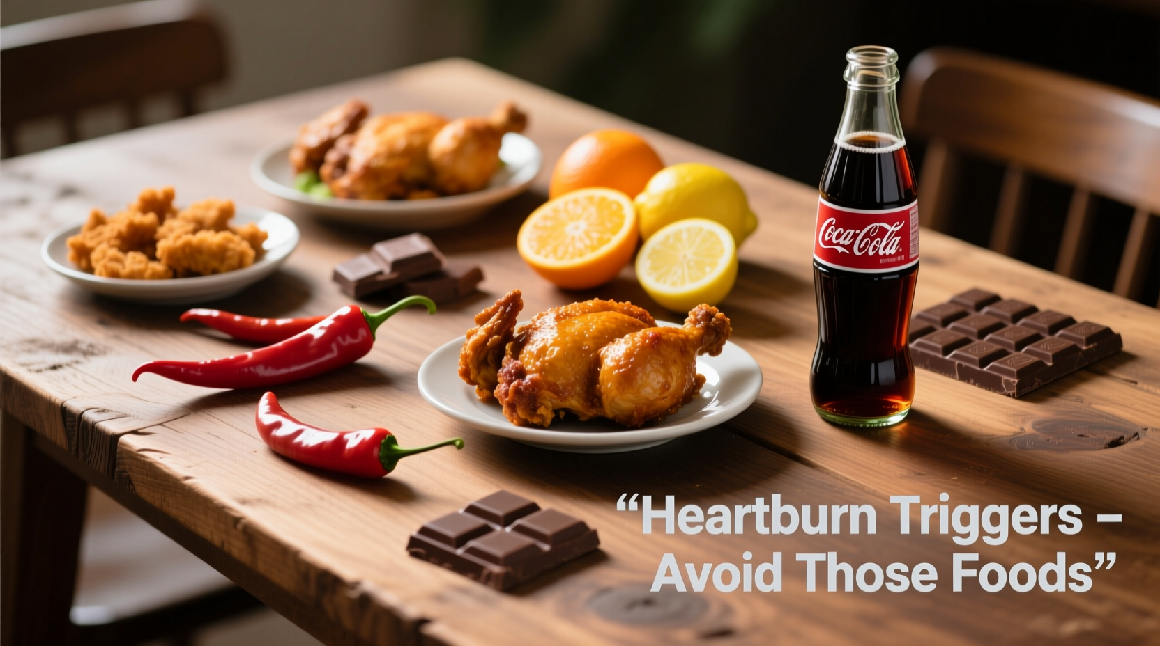 Common heartburn triggering foods on wooden table