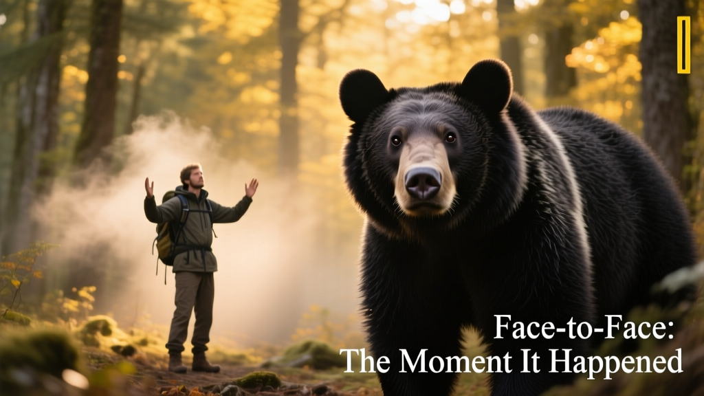 A person standing upright in a forest, arms raised slightly, maintaining distance from a bear visible in the background