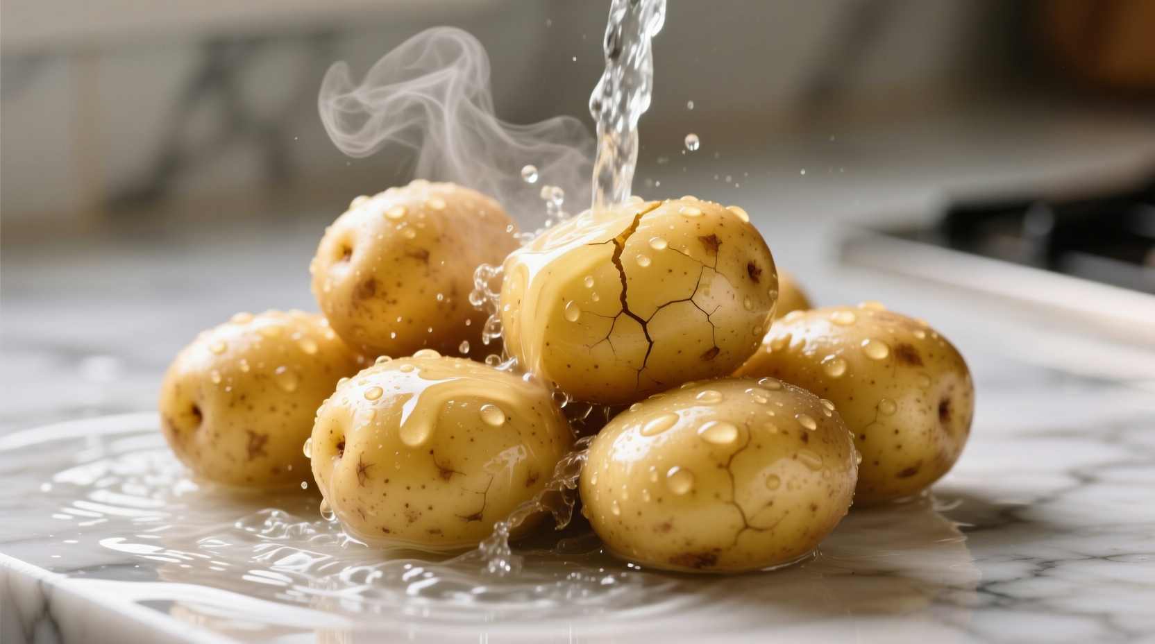 Perfectly boiled Yukon Gold potatoes cooling under running water