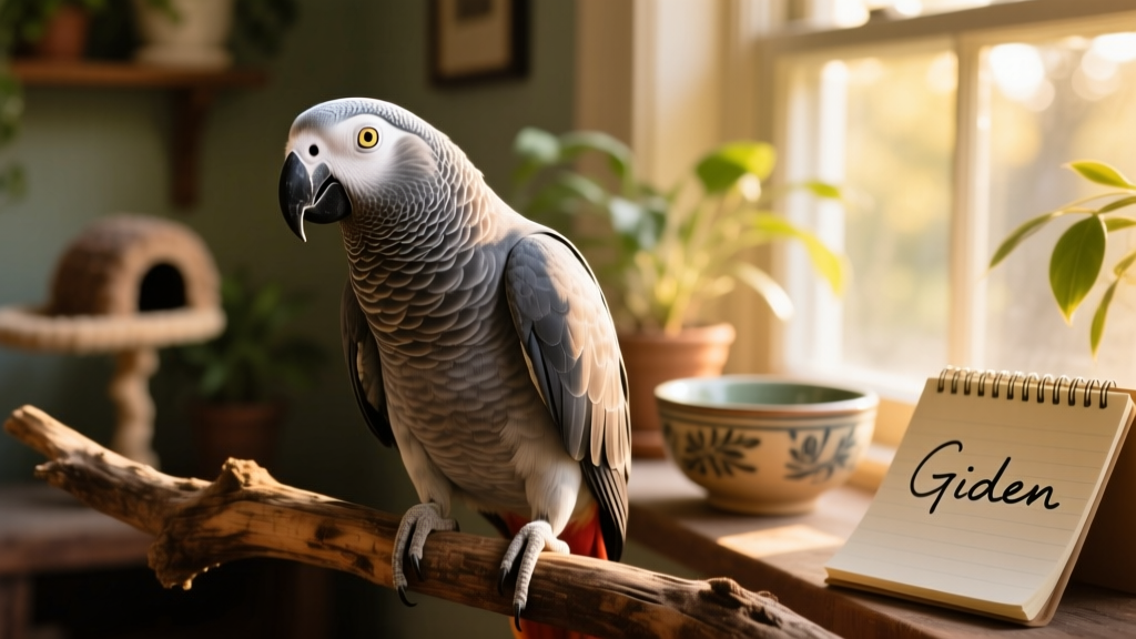 A bright-eyed African grey parrot sitting on a perch, tilting its head curiously
