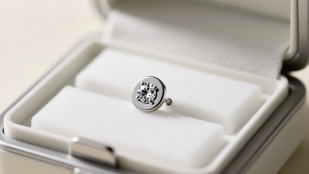 Sterile pack containing an implant grade titanium flat back earring starter stud with a tiny clear cubic zirconia crystal gem