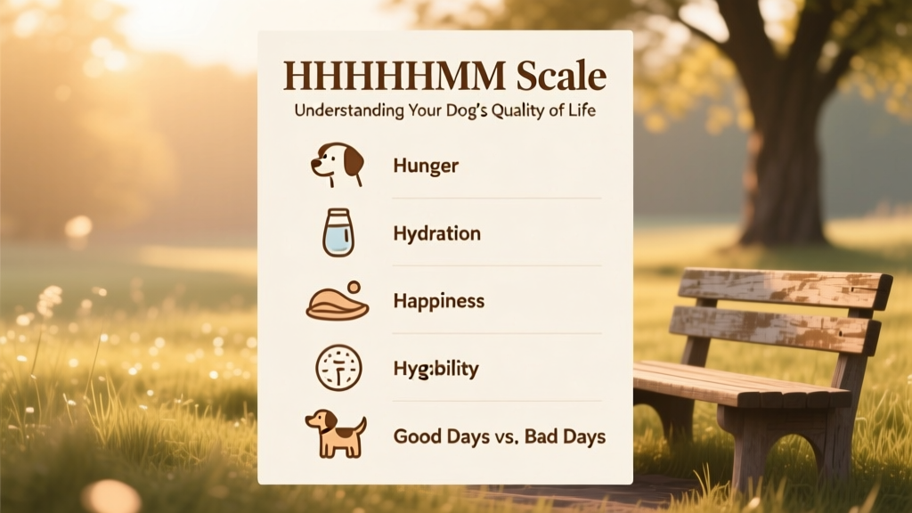 A simple, clean infographic showing the HHHHHMM scale with icons representing each category: hurt, hunger, hydration, happiness, hygiene, mobility, and good days vs bad days