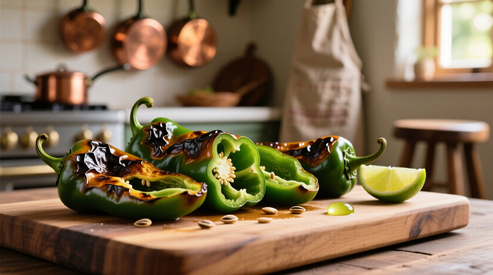 Roasted poblano peppers on cutting board