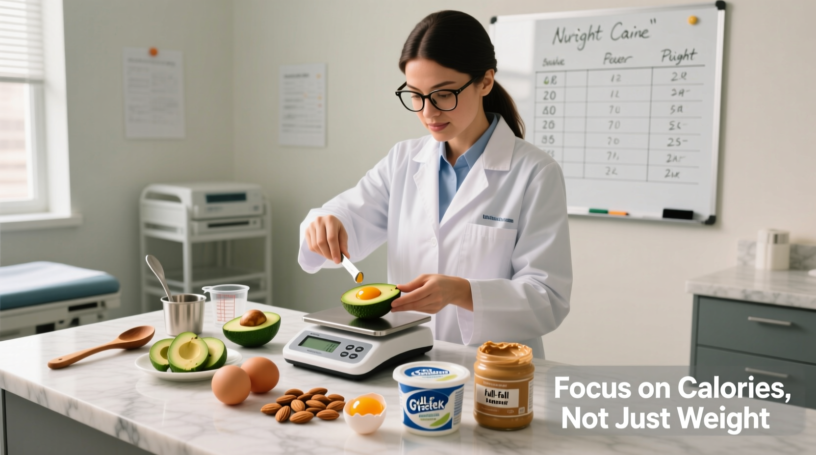 Nutritionist measuring high-calorie foods for weight gain