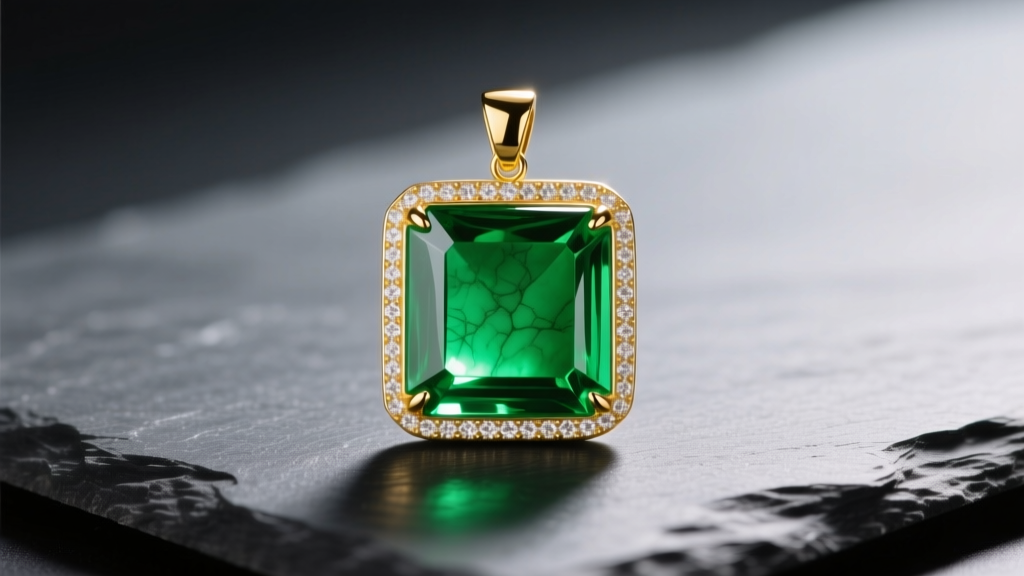 Vibrant emerald-green square jadeite pendant in an 18k yellow gold bezel resting on dark slate under soft studio lighting.