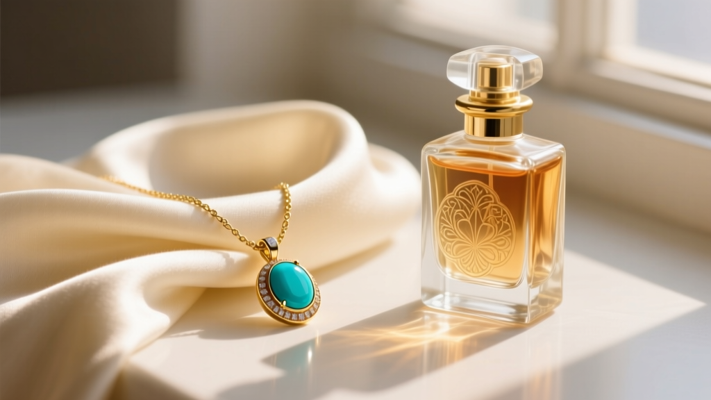 A gold-plated BaubleBar turquoise pendant necklace on a cream silk scarf beside a vintage glass perfume bottle in warm sunlight