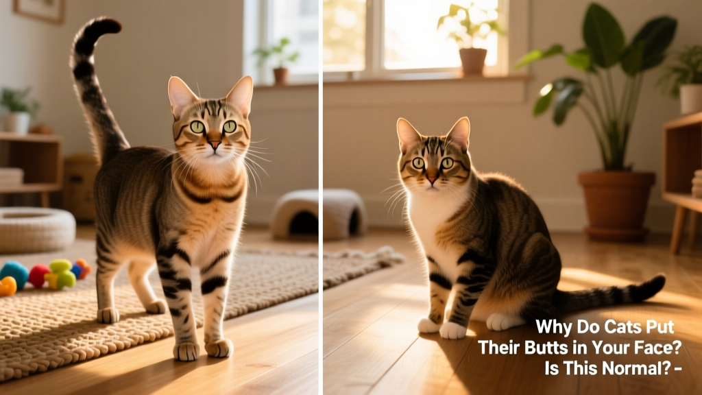 Side-by-side comparison: a confident cat with upright tail vs. a nervous cat with tail tucked low