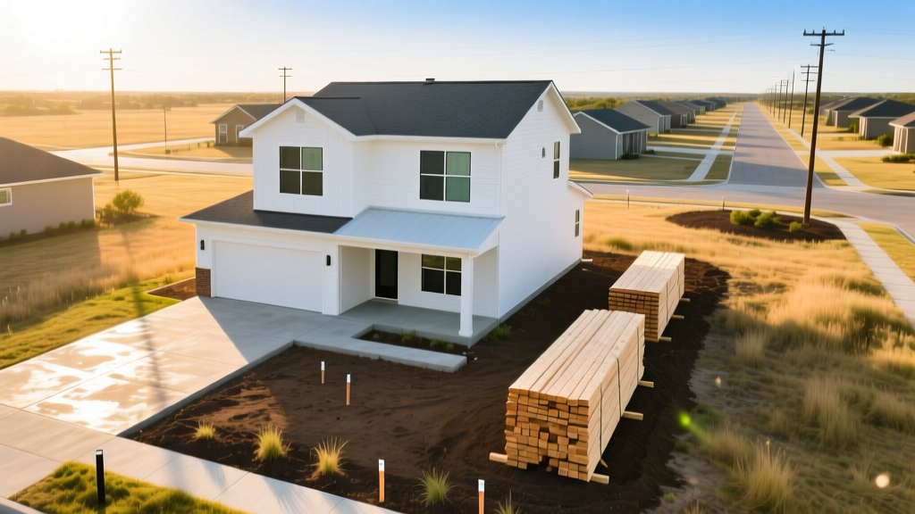 Aerial view of a newly framed two-story suburban house with a concrete slab foundation and stacked lumber in a sunny Texas development